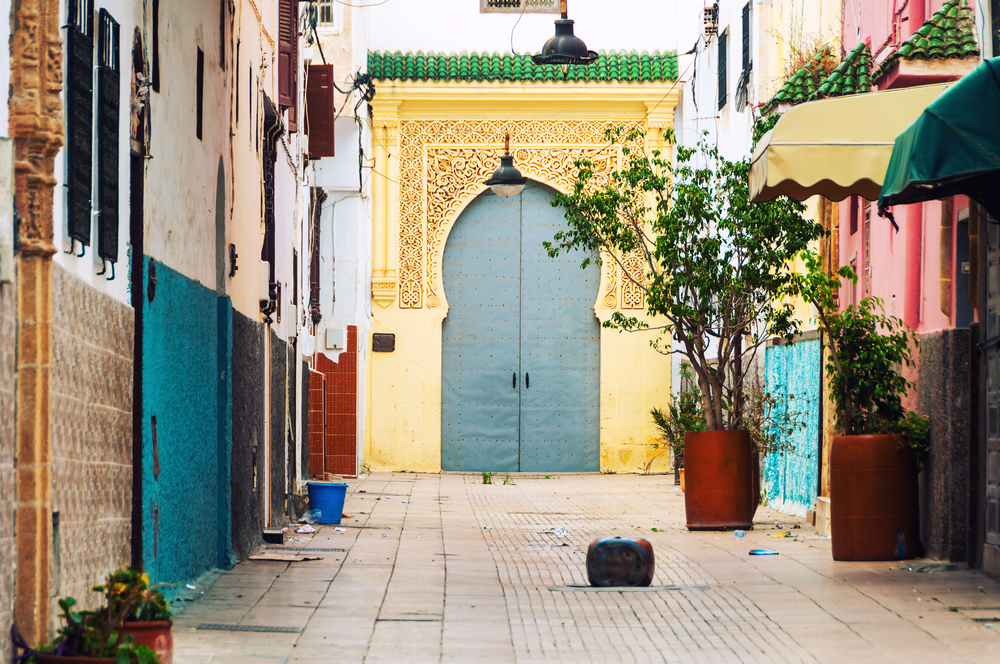 A mysterious blue door in a yellow gate in Rabat Morocco