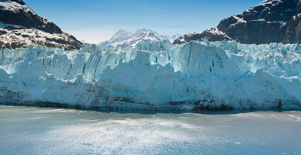 The sun shines on Margerie Glacier in Glacier Bay National Park Alaksa