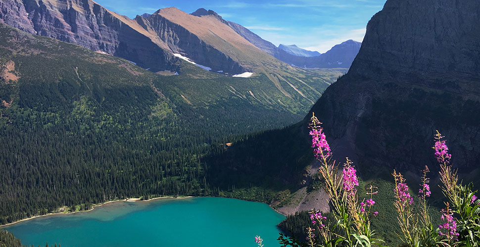 A view from above of Grinnell Lake in Glacier National Park