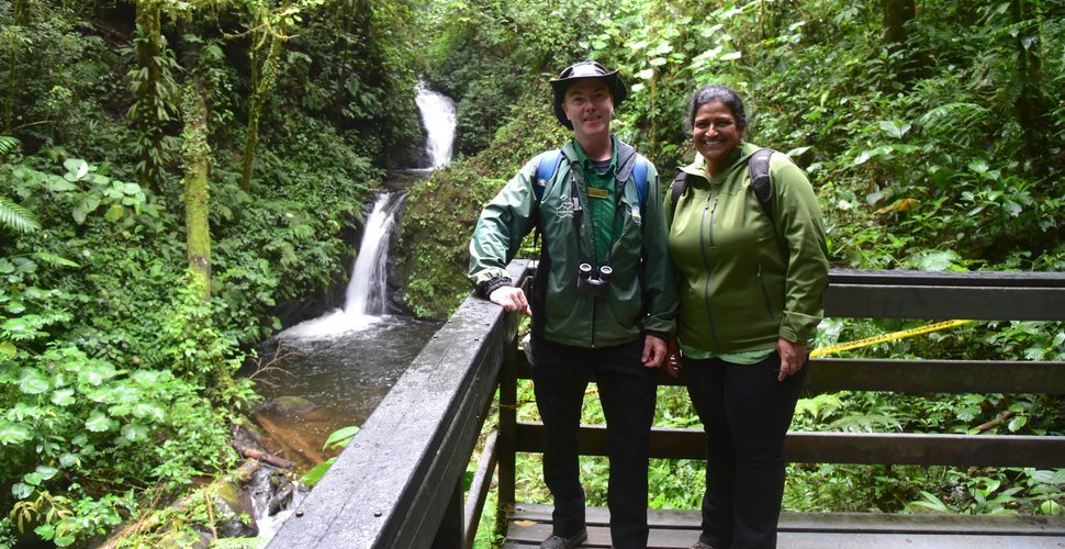 A birdwatcher and her guide in the Costa Rican cloud forest