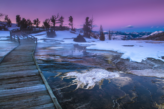 A wintery view of Yellowstone's hot pools and boardwalks