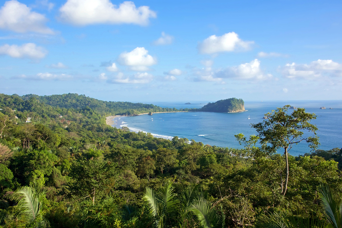 A view of the beach and jungle at Manuel Antonio National Park in Costa Rica