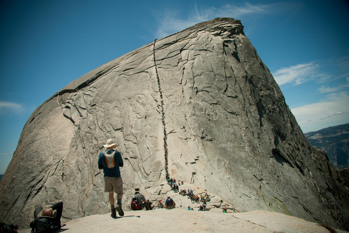 The cable route up Half Dome is a 60 percent grade in places