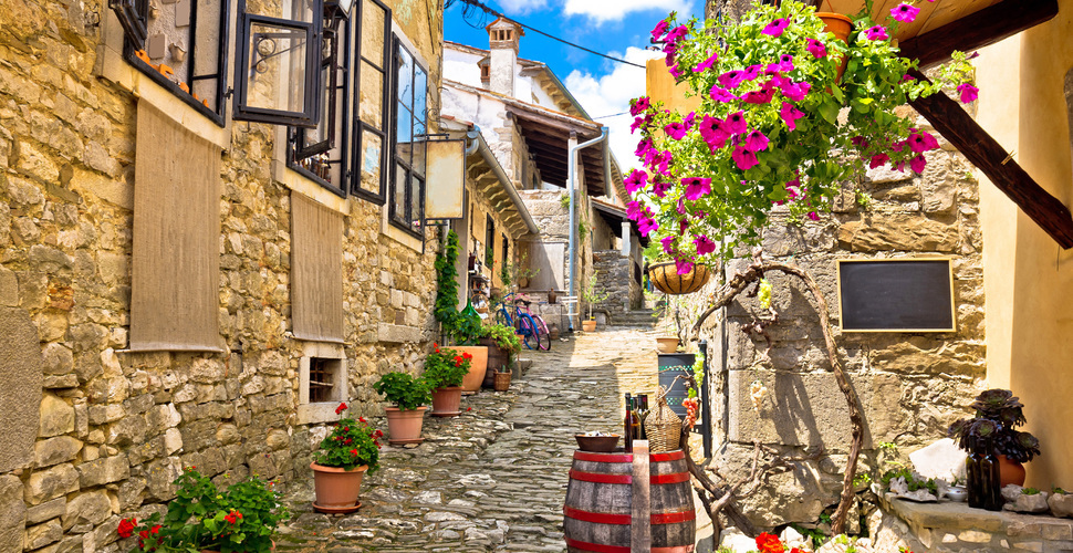 Flowers and cobblestone streets of Hum Croatia