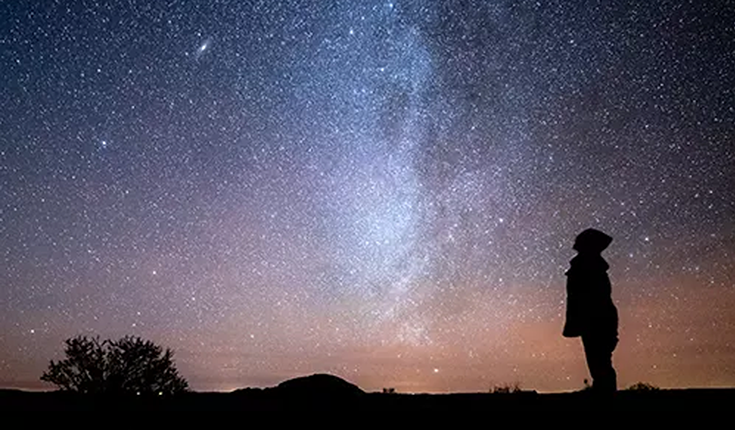 Silhouette of person against starry night sky in Petrified Forest National Park, Arizona.