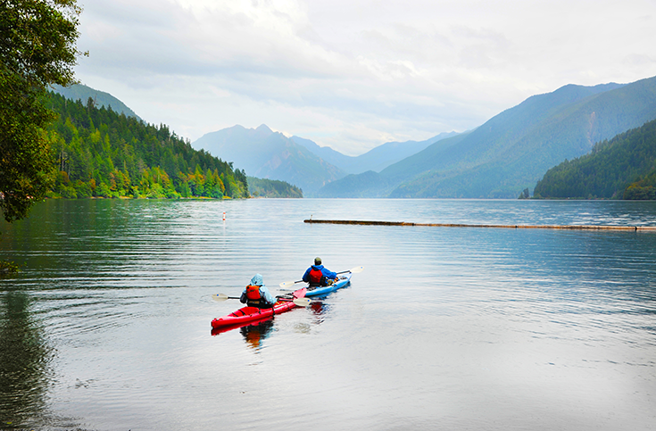 A couple kayaks on Lake Crescent in Olympic National Park