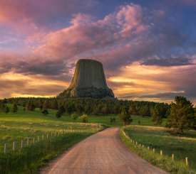 Devils Tower looms above a beautiful green landscape