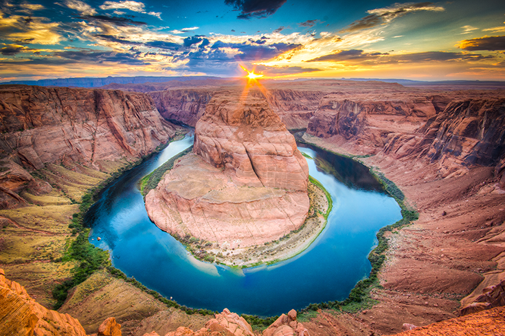 Horseshoe Bend is featured in early morning light from the classic viewing area