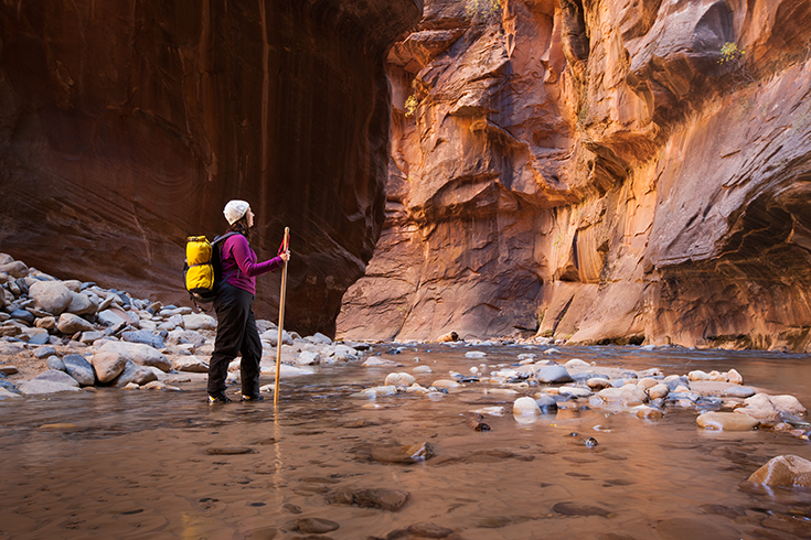 A hiker explores Zion National Park