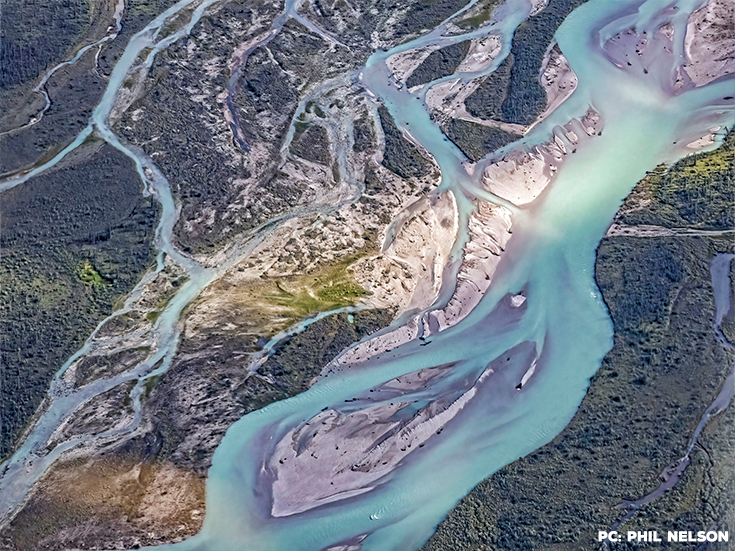 Arial view of a glacial river in Alaska