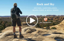 Rock and Sky title overlaid on photo of hiker from Off the Beaten Path journey to Arches national park and more