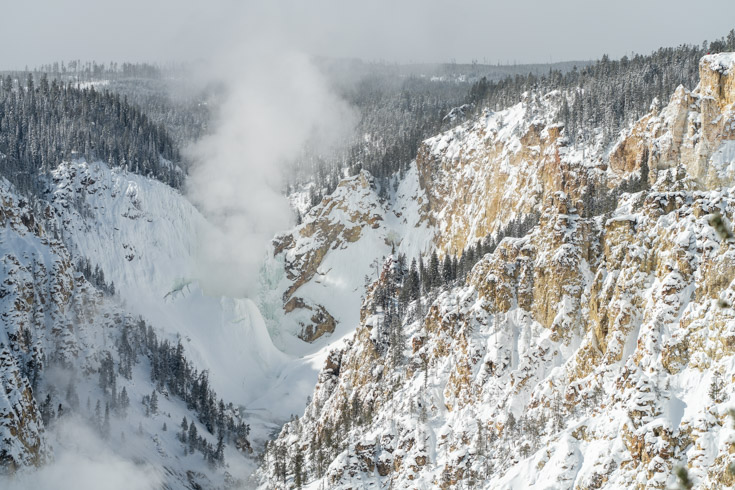 Snow covers the walls of the Grand Canyon of the Yellowstone.