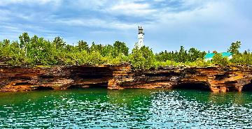 A lighthouse seen from Lake Superior in the Apostle Islands