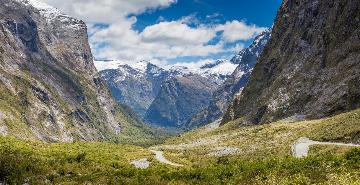 hollyford track in the mountains in new zealand